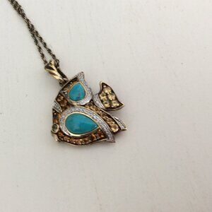 Whimsical turquoise, citrine, diamond chips fish necklace, 925 vermeil 18k